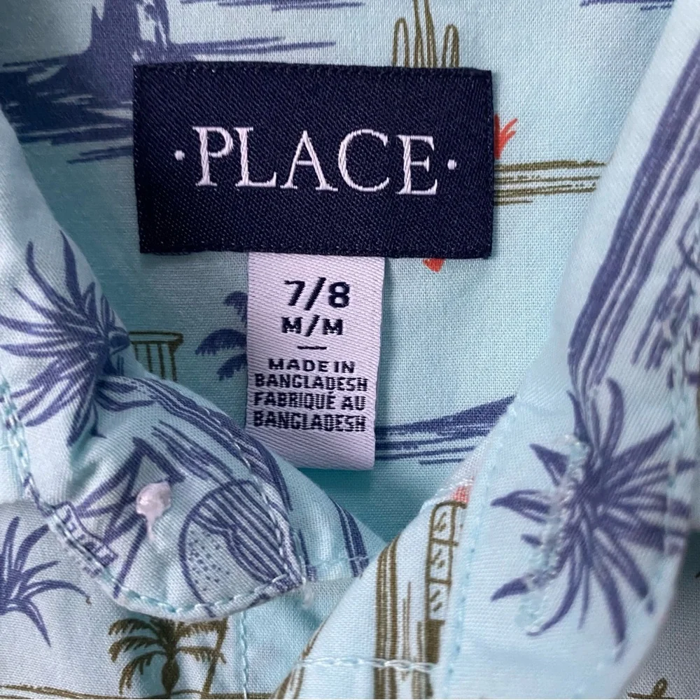 Children’s Place Hawaiian Shirt Size 7 8 Button Down Green Southwest Rt 66 EUC